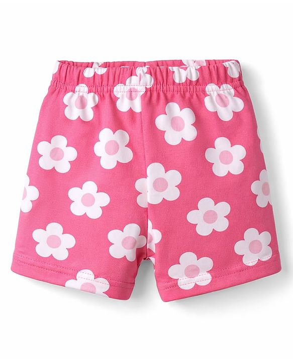 Babyhug Cotton Knit Half Sleeves Co-Ord Top & Shorts Night-Suit With Floral Print - Pink