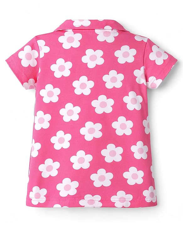 Babyhug Cotton Knit Half Sleeves Co-Ord Top & Shorts Night-Suit With Floral Print - Pink