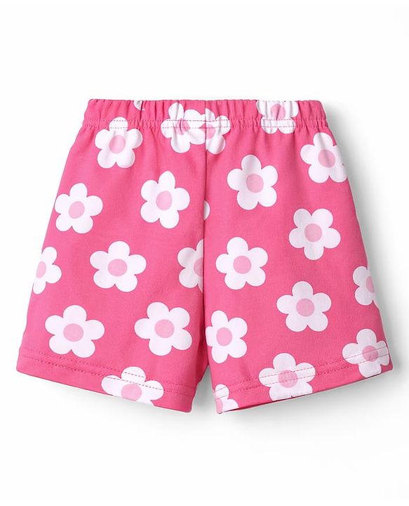Babyhug Cotton Knit Half Sleeves Co-Ord Top & Shorts Night-Suit With Floral Print - Pink