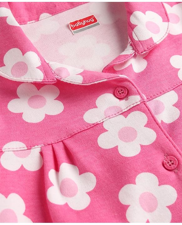 Babyhug Cotton Knit Half Sleeves Co-Ord Top & Shorts Night-Suit With Floral Print - Pink