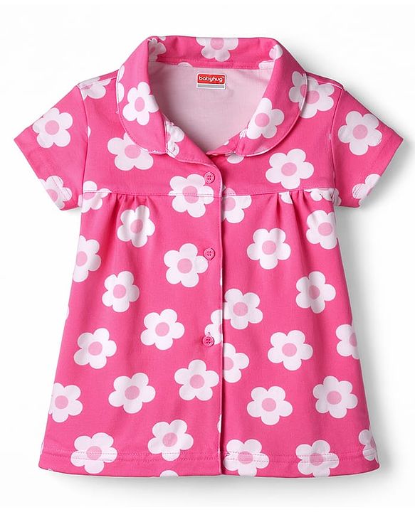 Babyhug Cotton Knit Half Sleeves Co-Ord Top & Shorts Night-Suit With Floral Print - Pink