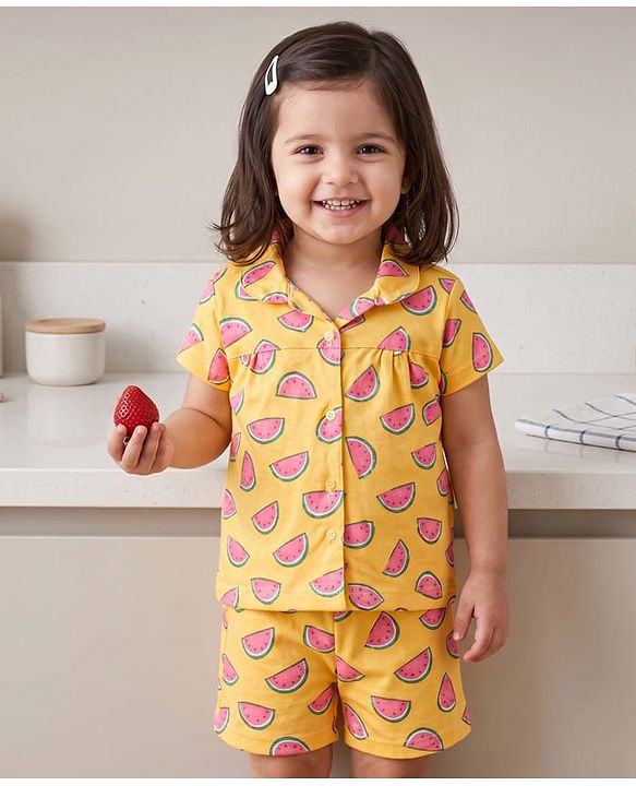 Babyhug Cotton Knit Half Sleeves Co-Ord Top & Shorts Night-Suit With Watermelon Print - Multicolor