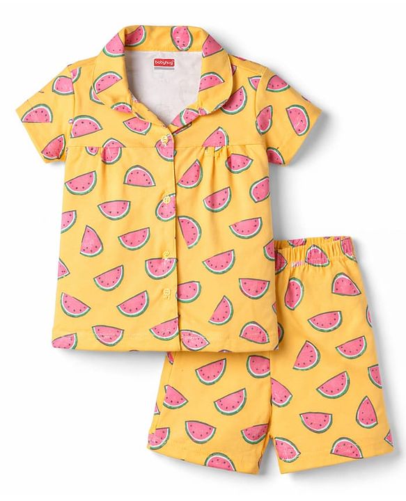 Babyhug Cotton Knit Half Sleeves Co-Ord Top & Shorts Night-Suit With Watermelon Print - Multicolor