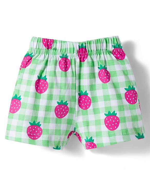 Babyhug Cotton Knit Half Sleeves Top & Shorts Co-ord Night Suit With Strawberry Print - Green