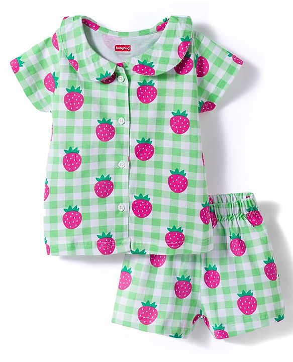 Babyhug Cotton Knit Half Sleeves Top & Shorts Co-ord Night Suit With Strawberry Print - Green