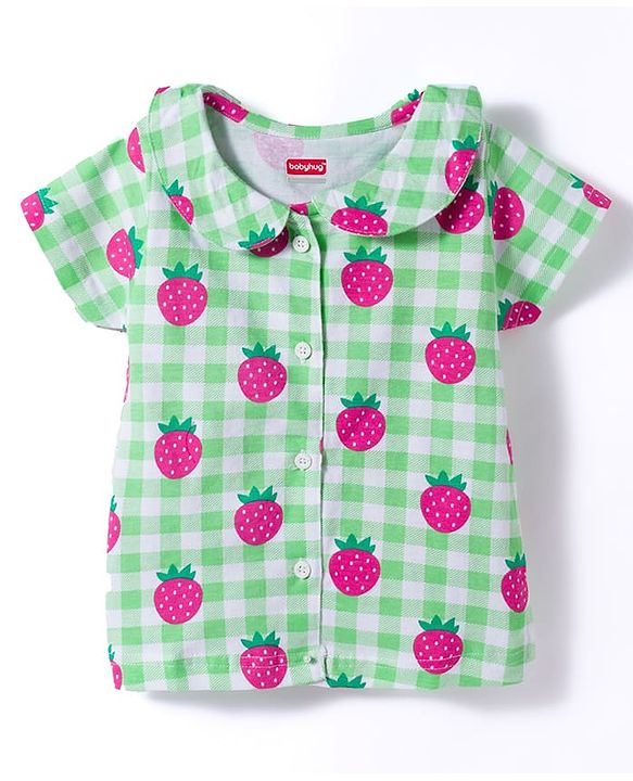 Babyhug Cotton Knit Half Sleeves Top & Shorts Co-ord Night Suit With Strawberry Print - Green
