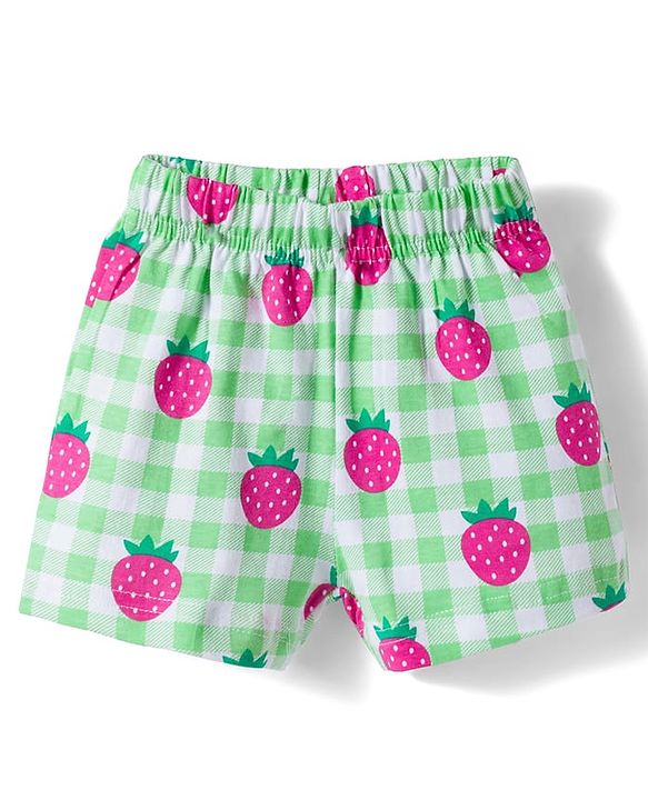 Babyhug Cotton Knit Half Sleeves Top & Shorts Co-ord Night Suit With Strawberry Print - Green