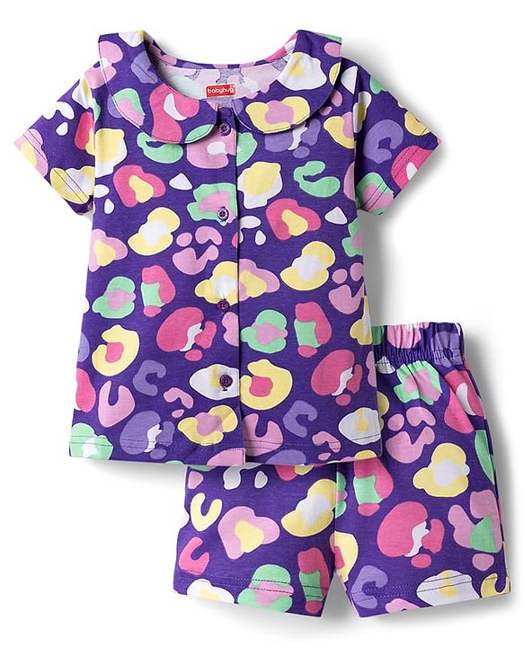Babyhug Cotton Knit Half Sleeves Printed Top & Shorts Co-Ord Night Suit - Purple