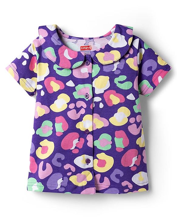 Babyhug Cotton Knit Half Sleeves Printed Top & Shorts Co-Ord Night Suit - Purple