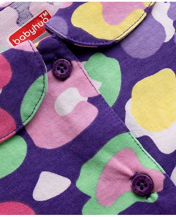 Babyhug Cotton Knit Half Sleeves Printed Top & Shorts Co-Ord Night Suit - Purple