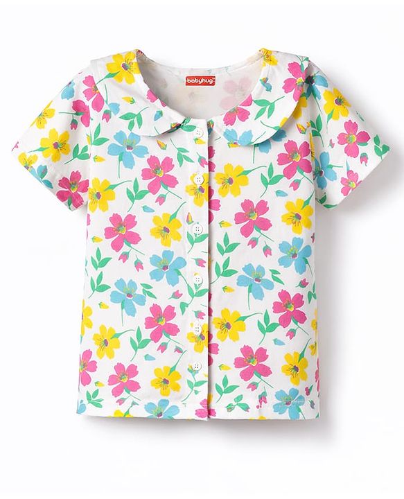 Babyhug Cotton Knit Half Sleeves Co-Ord Peter Pan Collared Top & Shorts Night-Suit With Floral Print - White