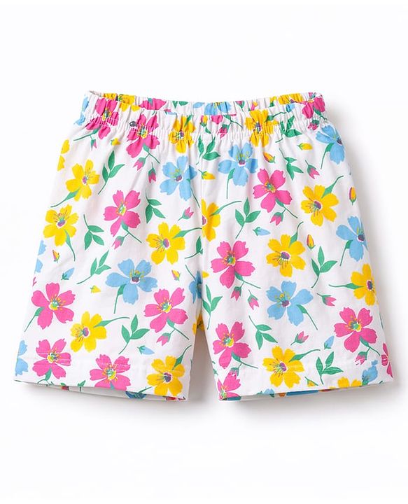 Babyhug Cotton Knit Half Sleeves Co-Ord Peter Pan Collared Top & Shorts Night-Suit With Floral Print - White