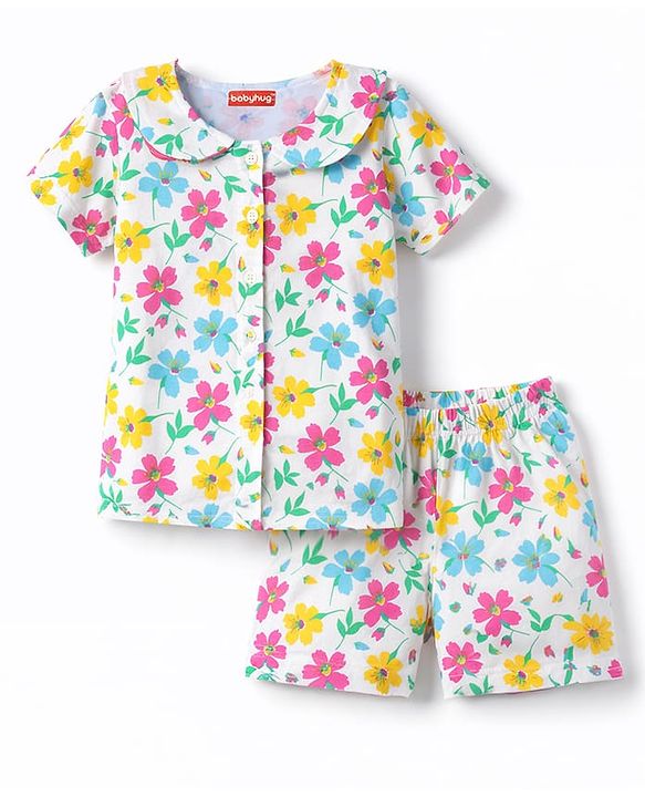 Babyhug Cotton Knit Half Sleeves Co-Ord Peter Pan Collared Top & Shorts Night-Suit With Floral Print - White
