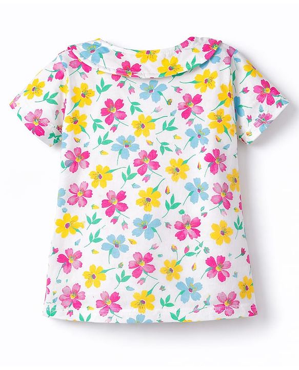 Babyhug Cotton Knit Half Sleeves Co-Ord Peter Pan Collared Top & Shorts Night-Suit With Floral Print - White