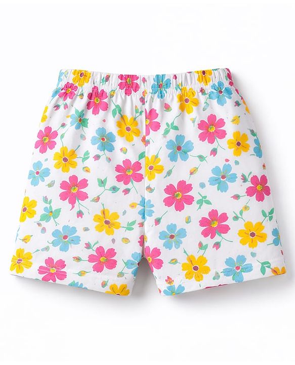 Babyhug Cotton Knit Half Sleeves Co-Ord Peter Pan Collared Top & Shorts Night-Suit With Floral Print - White
