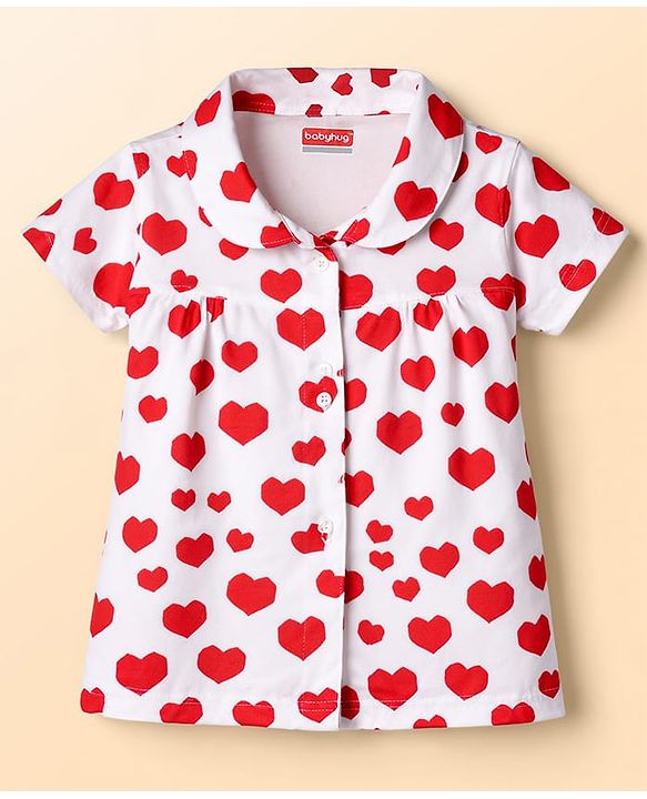 Babyhug Cotton Knit Half Sleeves Co-Ord Top & Shorts Night-Suit With Heart Print - White & Red