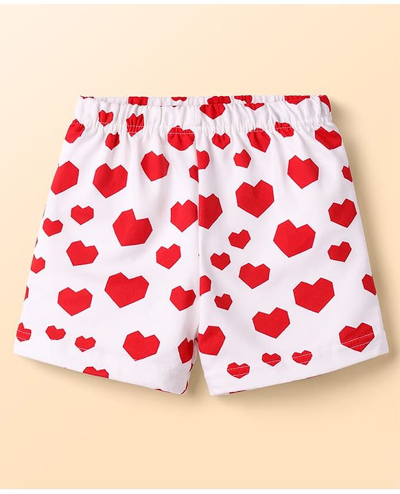 Babyhug Cotton Knit Half Sleeves Co-Ord Top & Shorts Night-Suit With Heart Print - White & Red