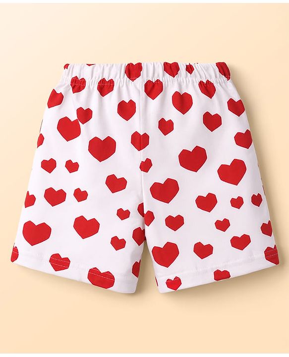 Babyhug Cotton Knit Half Sleeves Co-Ord Top & Shorts Night-Suit With Heart Print - White & Red