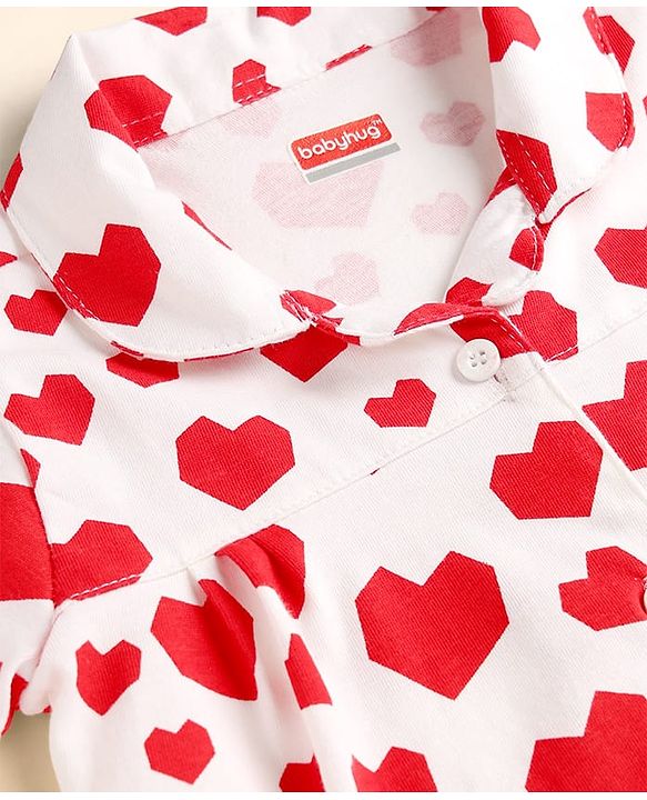 Babyhug Cotton Knit Half Sleeves Co-Ord Top & Shorts Night-Suit With Heart Print - White & Red