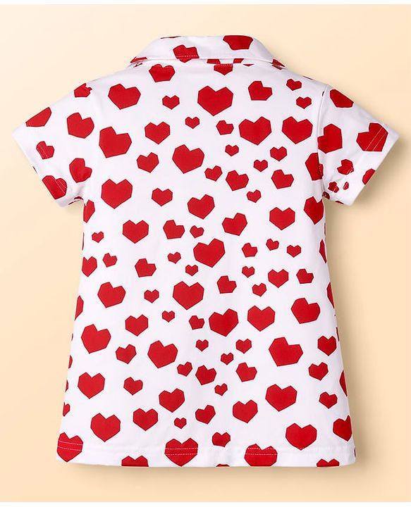 Babyhug Cotton Knit Half Sleeves Co-Ord Top & Shorts Night-Suit With Heart Print - White & Red