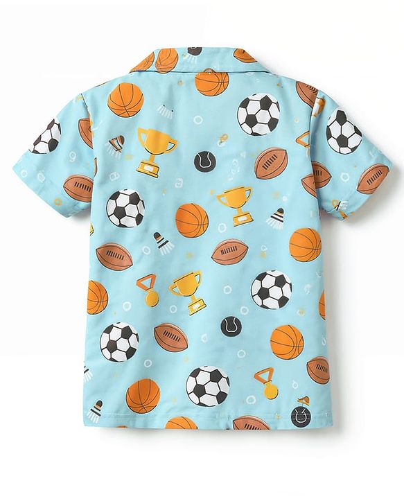 Babyhug Cotton Knit Half Sleeves Shirt & Shorts Co-ord Night Suit With Sports Print - Light Blue