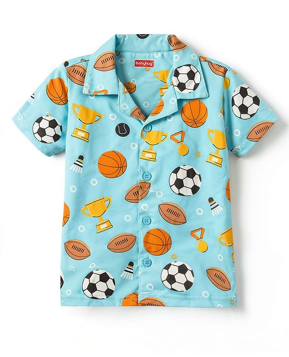 Babyhug Cotton Knit Half Sleeves Shirt & Shorts Co-ord Night Suit With Sports Print - Light Blue