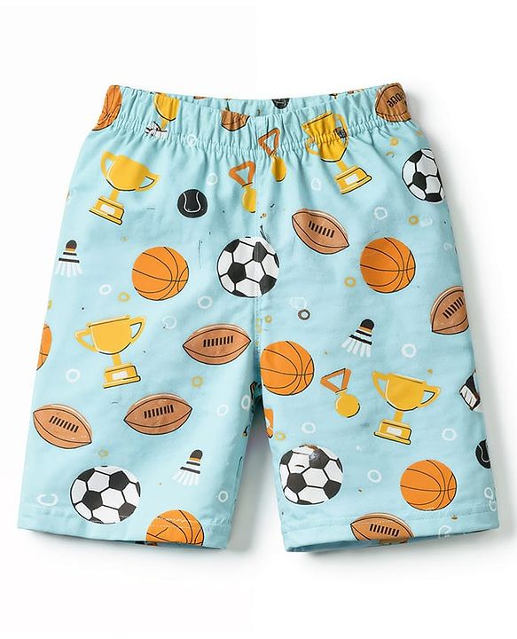 Babyhug Cotton Knit Half Sleeves Shirt & Shorts Co-ord Night Suit With Sports Print - Light Blue