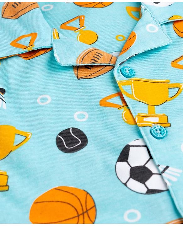 Babyhug Cotton Knit Half Sleeves Shirt & Shorts Co-ord Night Suit With Sports Print - Light Blue