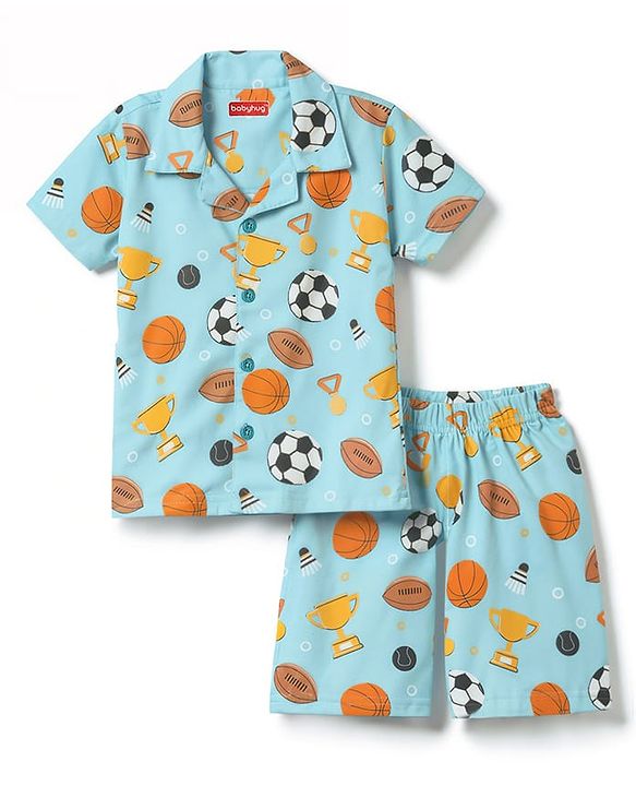 Babyhug Cotton Knit Half Sleeves Shirt & Shorts Co-ord Night Suit With Sports Print - Light Blue