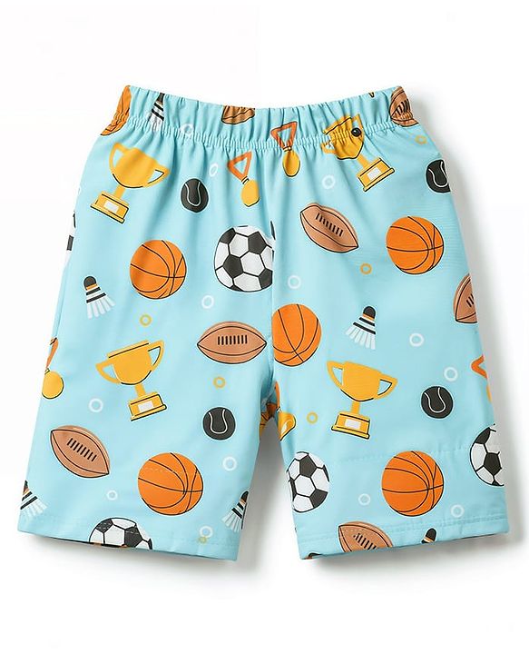 Babyhug Cotton Knit Half Sleeves Shirt & Shorts Co-ord Night Suit With Sports Print - Light Blue