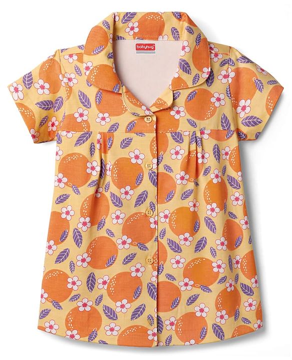 Babyhug Cotton Knit Half Sleeves Tropical Theme Printed Co-Ords Top & Shorts Night Suit - Yellow