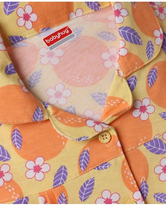 Babyhug Cotton Knit Half Sleeves Tropical Theme Printed Co-Ords Top & Shorts Night Suit - Yellow
