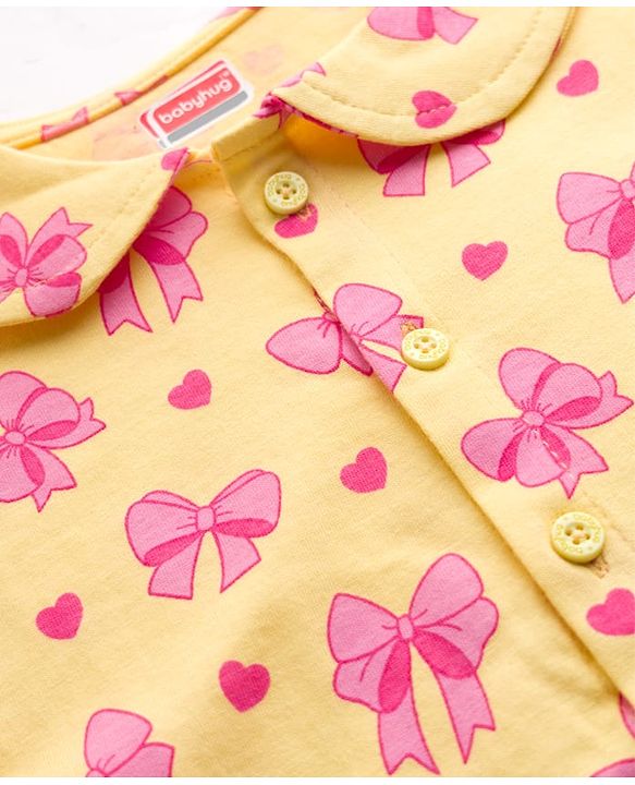 Babyhug Cotton Knit Half Sleeves Top & Shorts Co-ord Night Suit With Heart & Bow Print - Yellow