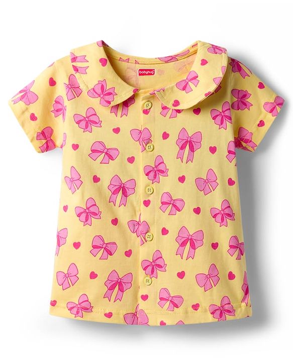 Babyhug Cotton Knit Half Sleeves Top & Shorts Co-ord Night Suit With Heart & Bow Print - Yellow