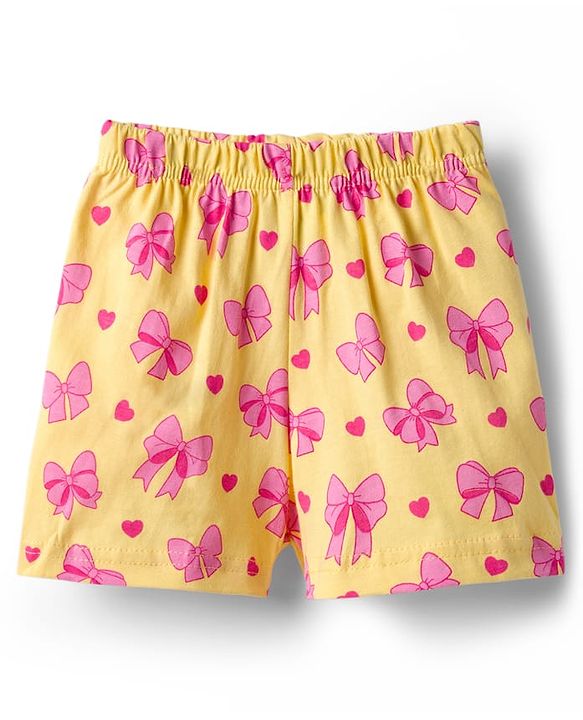 Babyhug Cotton Knit Half Sleeves Top & Shorts Co-ord Night Suit With Heart & Bow Print - Yellow