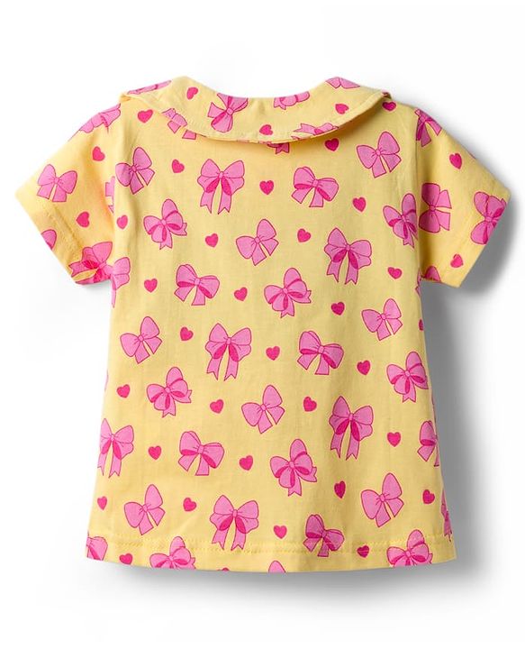 Babyhug Cotton Knit Half Sleeves Top & Shorts Co-ord Night Suit With Heart & Bow Print - Yellow