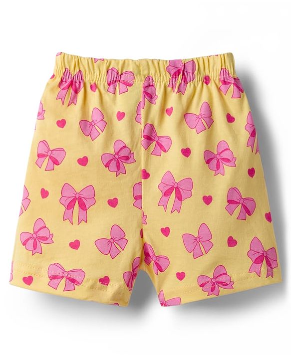 Babyhug Cotton Knit Half Sleeves Top & Shorts Co-ord Night Suit With Heart & Bow Print - Yellow