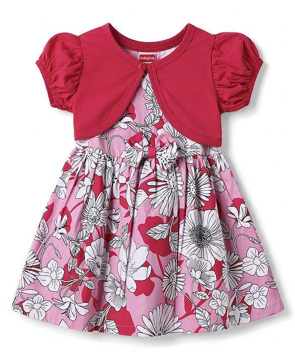 Babyhug Cotton Woven Half Sleeves Frocks with Shrug Floral Print White 0-3 Months
