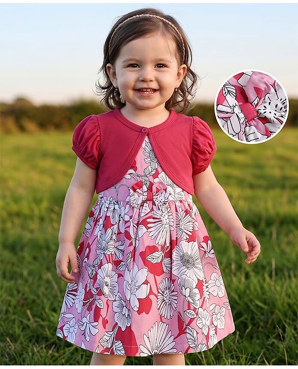 Babyhug Cotton Woven Half Sleeves Frocks with Shrug Floral Print White 0-3 Months