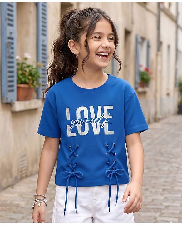 Pine Kids Cotton Knit Half Sleeves T-Shirt With Love Yourself Print - Royal Blue