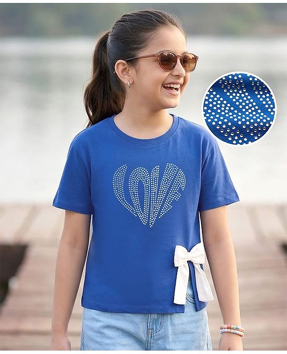 Pine Kids Cotton Knit Half Sleeves T-Shirt With Rhinestone Detailing & Bow Applique - Royal Blue