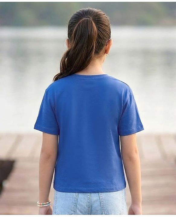 Pine Kids Cotton Knit Half Sleeves T-Shirt With Rhinestone Detailing & Bow Applique - Royal Blue