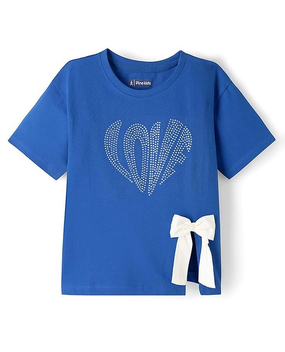Pine Kids Cotton Knit Half Sleeves T-Shirt With Rhinestone Detailing & Bow Applique - Royal Blue