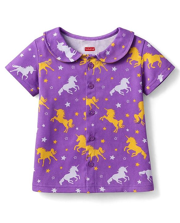 Babyhug Cotton Knit Half Sleeves Peter Pan Collared Co-Ords Top & Short Nigh Suit  With Unicorn Print - Purple