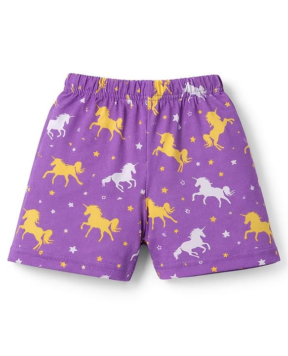 Babyhug Cotton Knit Half Sleeves Peter Pan Collared Co-Ords Top & Short Nigh Suit  With Unicorn Print - Purple