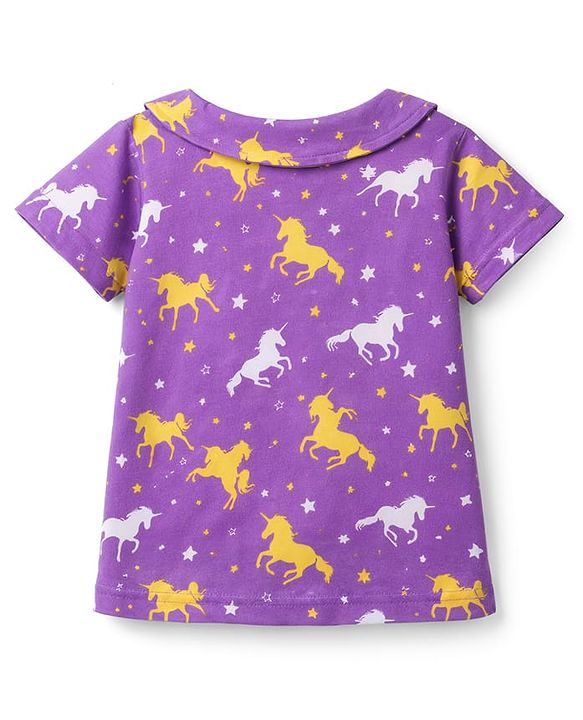 Babyhug Cotton Knit Half Sleeves Peter Pan Collared Co-Ords Top & Short Nigh Suit  With Unicorn Print - Purple