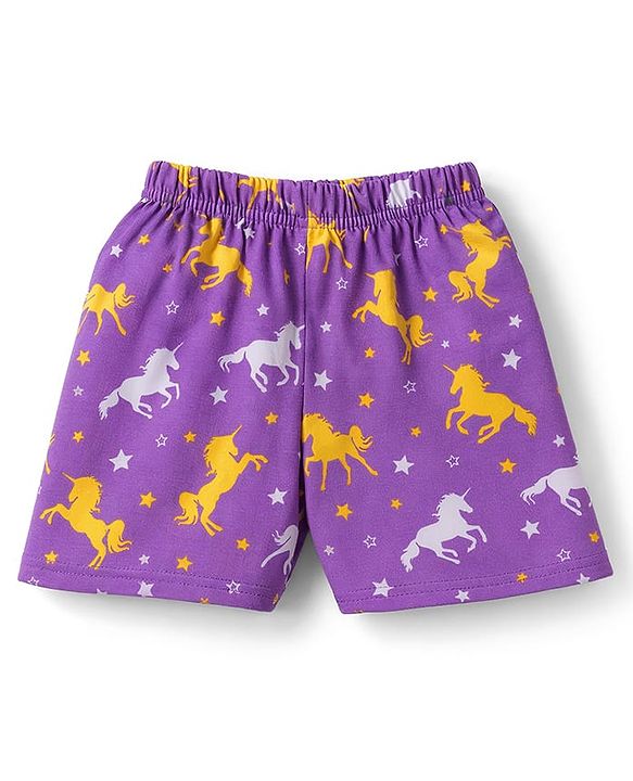 Babyhug Cotton Knit Half Sleeves Peter Pan Collared Co-Ords Top & Short Nigh Suit  With Unicorn Print - Purple