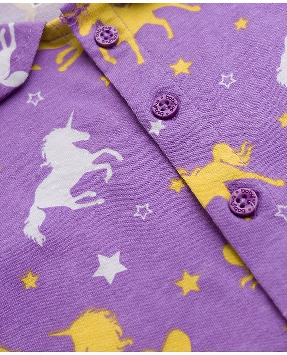 Babyhug Cotton Knit Half Sleeves Peter Pan Collared Co-Ords Top & Short Nigh Suit  With Unicorn Print - Purple