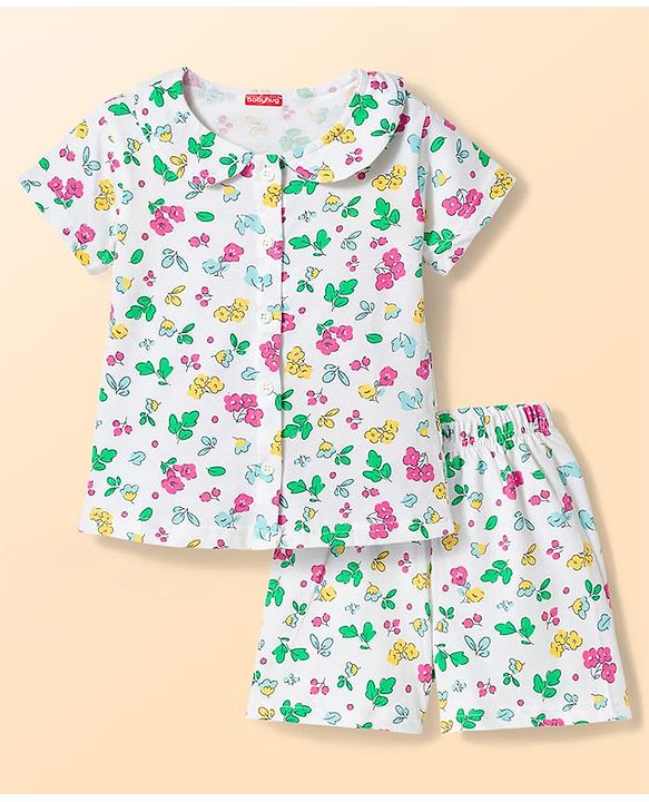 Babyhug Cotton Knit Half Sleeves Co-Ord T-Shirt & Shorts Night Suit With Floral - White