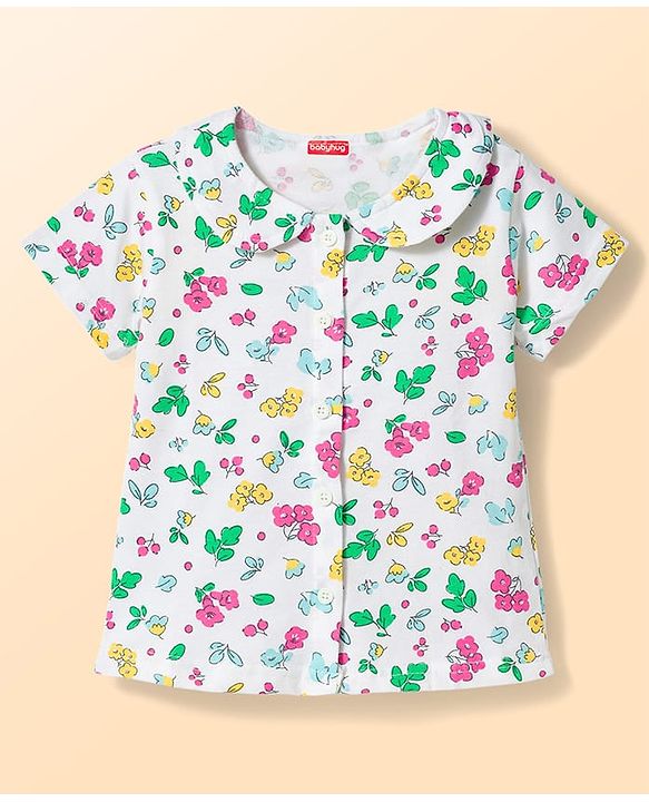 Babyhug Cotton Knit Half Sleeves Co-Ord T-Shirt & Shorts Night Suit With Floral - White